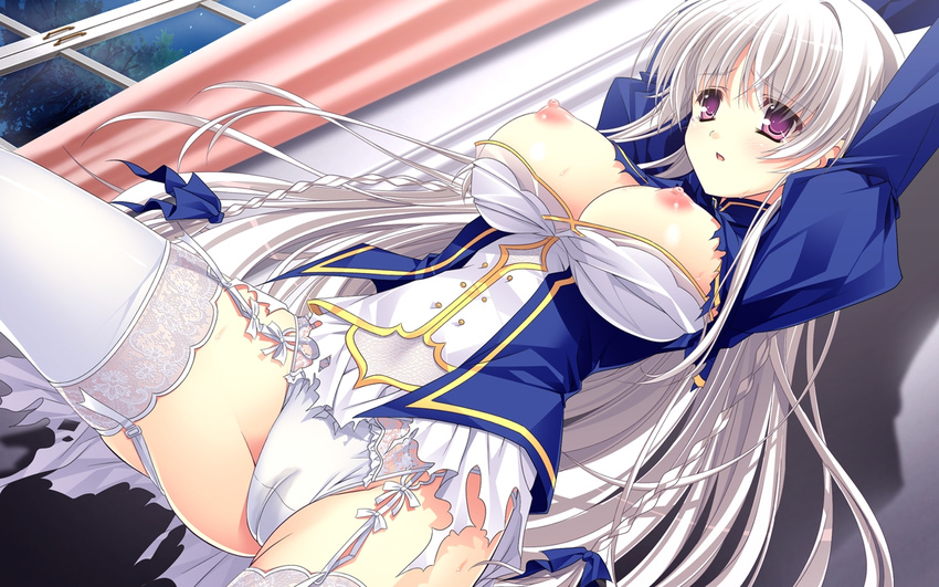 1girl ankoromochi blush braid braids breasts dress game_cg long_hair nipples open_clothes open_shirt panties purple_eyes shirt shitsuji_ga_aruji_wo_erabu_toki thighhighs torn_clothes twin_braids underwear veronica_rubenstadt white_hair