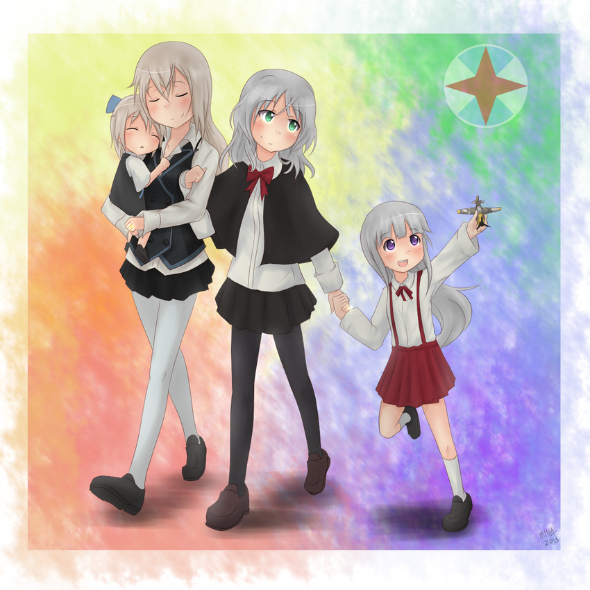 :d aqua_eyes black_legwear blonde_hair bookmarkahead carrying child closed_eyes eila_ilmatar_juutilainen grey_hair highres holding_hands if_they_mated ips_cells jewelry mother_and_daughter multiple_girls open_mouth pantyhose parent_and_child parted_lips purple_eyes ring sanya_v_litvyak shawl shoes skirt sleeping smile strike_witches teeth toy toy_airplane walking wedding_band white_legwear wife_and_wife world_witches_series yuri