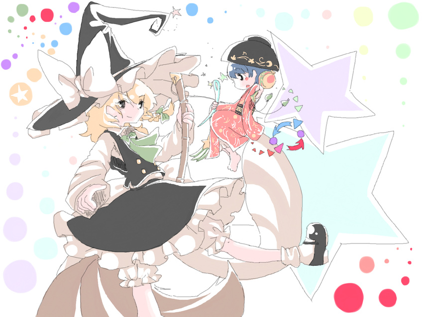 black_eyes blonde_hair bloomers blue_hair blush_stickers bowl braid broom hat highres hijiri_(xxhizirixx) holding_needle japanese_clothes kimono kirisame_marisa long_hair looking_at_another mallet minigirl multiple_girls needle short_hair side_braid skirt skirt_set smile star sukuna_shinmyoumaru touhou underwear witch_hat