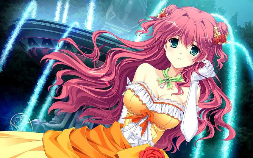 1girl ankoromochi blush bow breasts cleavage dress elbow_gloves fountain game_cg gloves green_eyes hair_ornament ichijouji_yura jewelry long_hair necklace pink_hair ribbon shitsuji_ga_aruji_wo_erabu_toki water