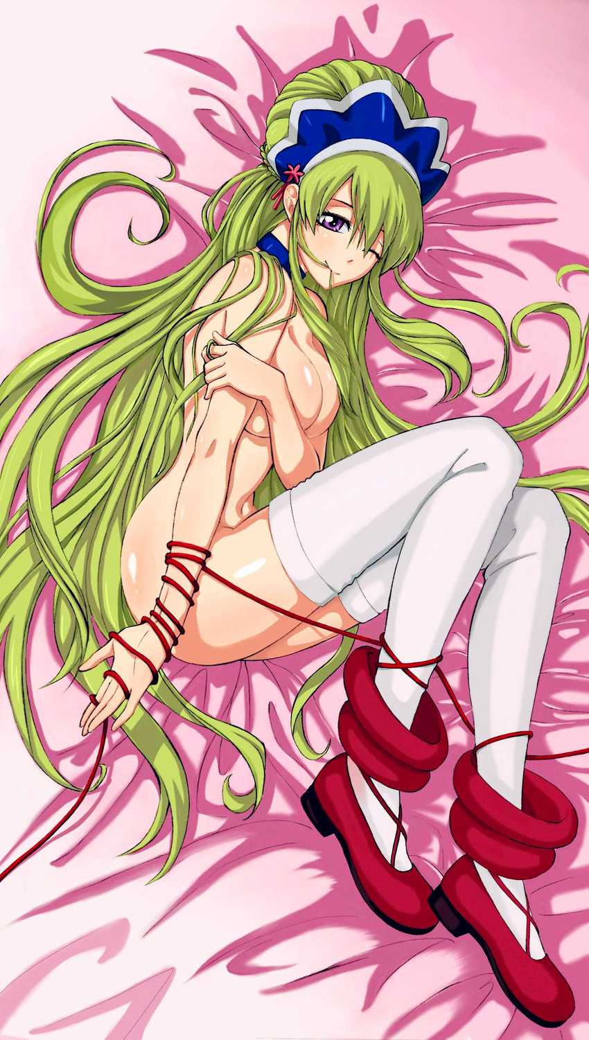 breasts covering covering_breasts crossdressing green_hair hair_in_mouth highres ixion_saga large_breasts long_hair mariandale nude otoko_no_ko red_string shoes string strongwang_qq thighhighs very_long_hair