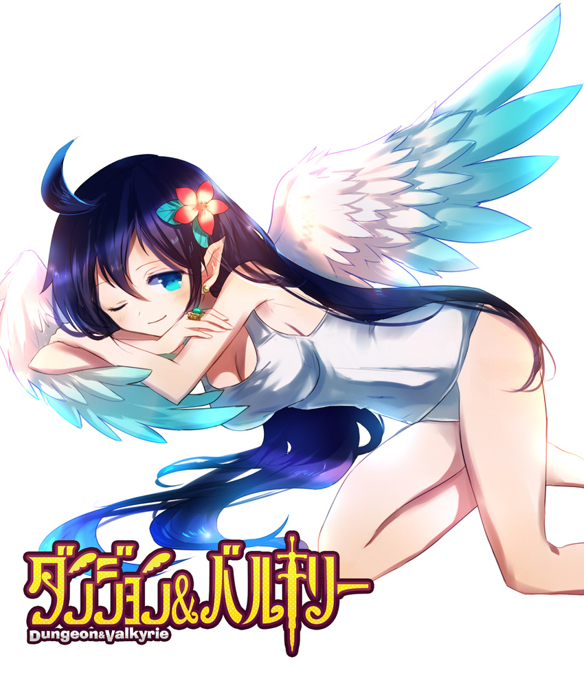 ahoge alt_(apou) angel_wings bad_id bad_pixiv_id black_hair blue_eyes dungeon_&amp;_valkyrie feathered_wings flower freya_(dungeon_&amp;_valkyrie) hair_flower hair_ornament highres jewelry long_hair one-piece_swimsuit one_eye_closed pointy_ears ring school_swimsuit simple_background solo swimsuit very_long_hair white_background wings