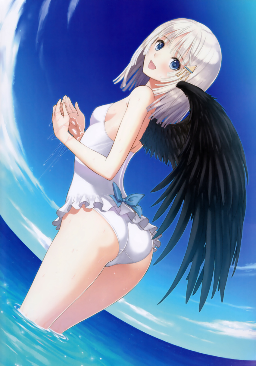 :d absurdres ass bangs bare_shoulders black_wings blue_bow blue_eyes blue_sky bow breasts casual_one-piece_swimsuit cloud cupping_hands day dutch_angle eyebrows_visible_through_hair feathered_wings frilled_swimsuit frills from_behind hair_ornament highres horizon legs_together looking_at_viewer looking_back ocean one-piece_swimsuit open_mouth outdoors panis_angelicus ripples scan shining_(series) shining_ark sideboob single_wing sky small_breasts smile solo source_request strapless strapless_swimsuit swimsuit tanaka_takayuki thighs wading water wet white_hair white_swimsuit wings