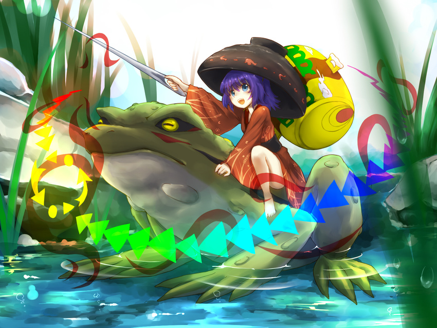 barefoot bowl cheungchz frog hat highres holding_needle japanese_clothes mallet minigirl miracle_mallet needle open_mouth purple_eyes purple_hair riding short_hair smile soaking_feet sukuna_shinmyoumaru touhou water