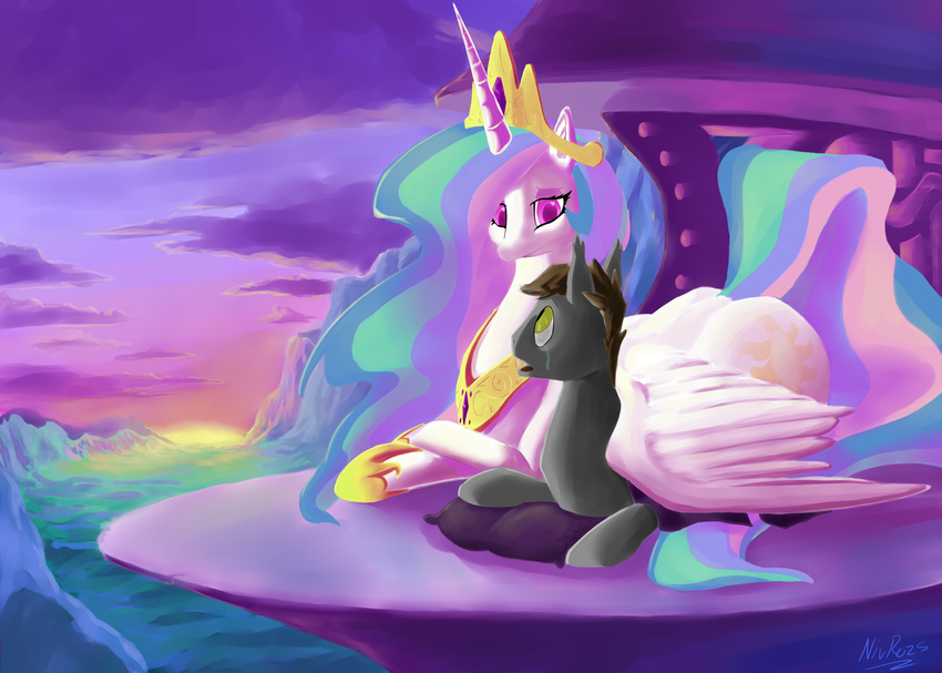 balcony cliff crown crying cutie_mark equine female feral flying friendship_is_magic fur hair horn horse invalid_background long_hair male mammal multi-colored_hair my_little_pony nivrozs pony princess princess_celestia_(mlp) purple_eyes royalty sunset tears valley white_fur winged_unicorn wings