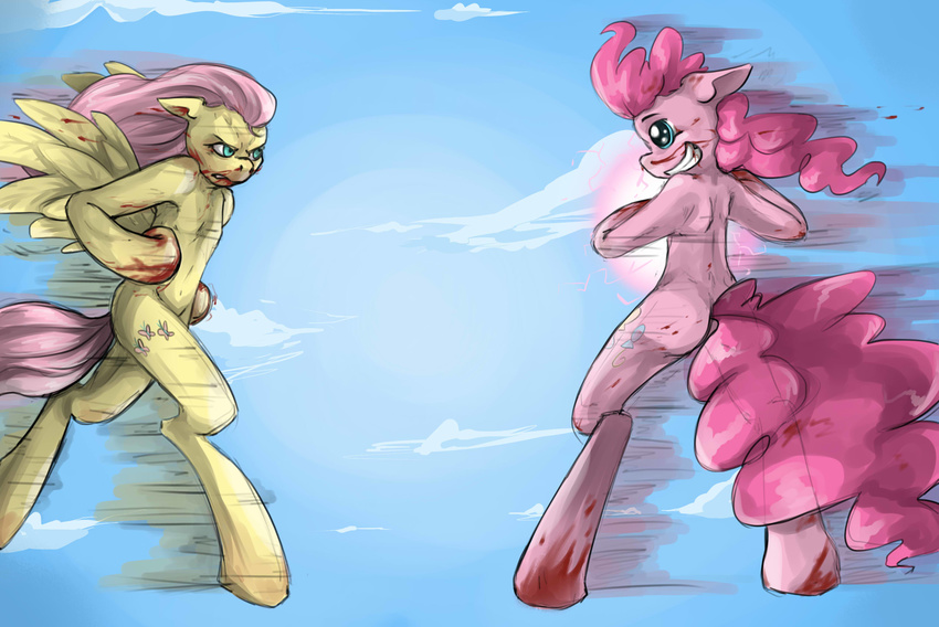 airborne blood blue_eyes cloud cutie_mark duo equine female feral fight fluttershy_(mlp) friendship_is_magic fur grin hair horse insanitylittlered magic mammal my_little_pony pegasus pink-hair pink_fur pink_hair pinkie_pie_(mlp) pony sky wings yellow_fur