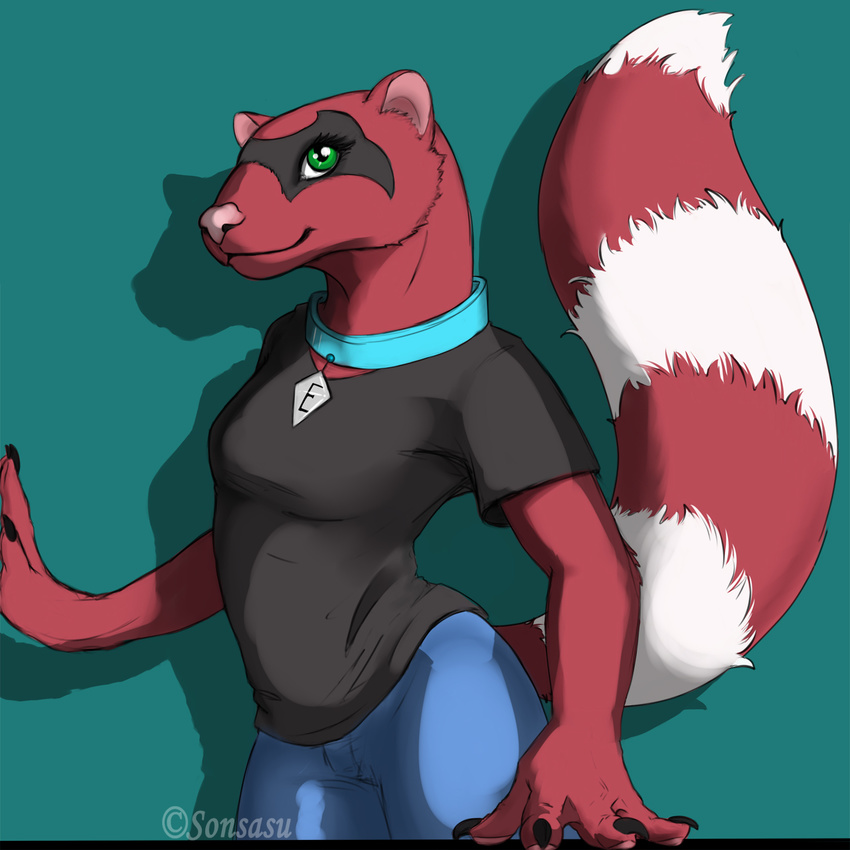 claws clothed clothing collar female ferret fur green_eyes looking_at_viewer mammal mustelid pink_fur pink_nose plain_background ringed_tail shadow signature smile solo sonsasu standing
