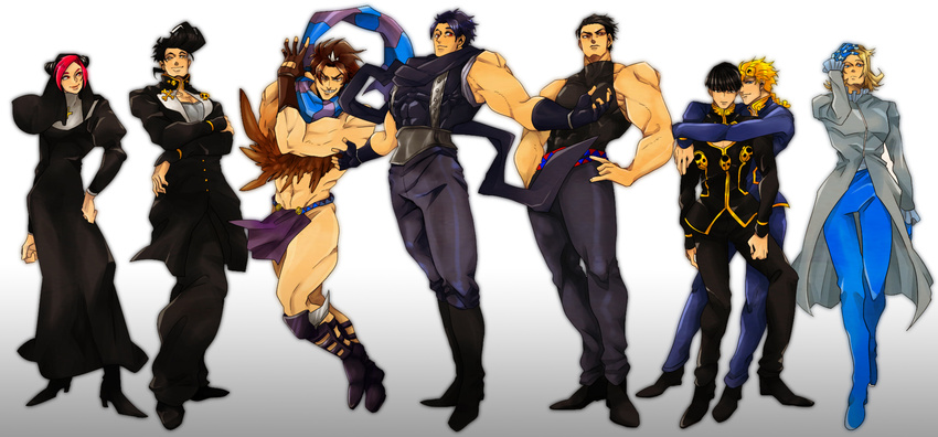 6+boys alternate_hairstyle black_hair blonde_hair brown_hair cosplay dark_persona dio_brando dio_brando_(cosplay) family feathers funny_valentine funny_valentine_(cosplay) giorno_giovanna higashikata_jousuke highres johnny_joestar jojo_no_kimyou_na_bouken jonathan_joestar joseph_joestar_(young) kars_(jojo) kars_(jojo)_(cosplay) kuujou_jolyne kuujou_joutarou multiple_boys nancy1209 nun pink_hair scarf steel_ball_run