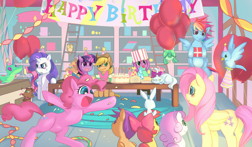 angel_(mlp) apple_bloom_(mlp) applejack_(mlp) avian bakki balloon balloons beak bird birthday blonde_hair blue_eyes blue_fur bookshelf bow cake canine cat collar cowboy_hat crying cub cutie_mark cutie_mark_crusaders_(mlp) dog dragon equine feathers feline female feral fire flames fluttershy_(mlp) food freckles friendship_is_magic fur gift green_eyes group gummy_(mlp) hair hat horn horse inside ladder lagomorph long_hair looking_at_viewer male mammal multi-colored_hair my_little_pony opalescence_(mlp) open_mouth orange_fur owl owlowiscious_(mlp) pegasus pink_fur pink_hair pinkie_pie_(mlp) pony purple_eyes purple_fur purple_hair rabbit rainbow_dash_(mlp) rainbow_hair rarity_(mlp) red_hair reptile scalie scootaloo_(mlp) sitting smile spike_(mlp) streamers sweetie_belle_(mlp) tank_(mlp) tears tongue tortoise turtle twilight_sparkle_(mlp) two_tone_hair unicorn white_fur window wings winona_(mlp) yellow_fur young