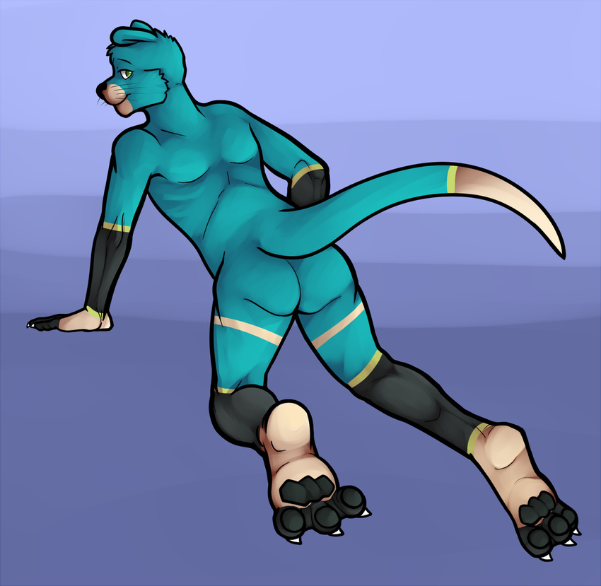 ambiguous_gender anthro back_turned barefoot blue_fur butt claws fur futonmania green_eyes hindpaw looking_back male mammal mustelid nude otter pawpads paws solo terry webbed_feet webbed_hands whiskers