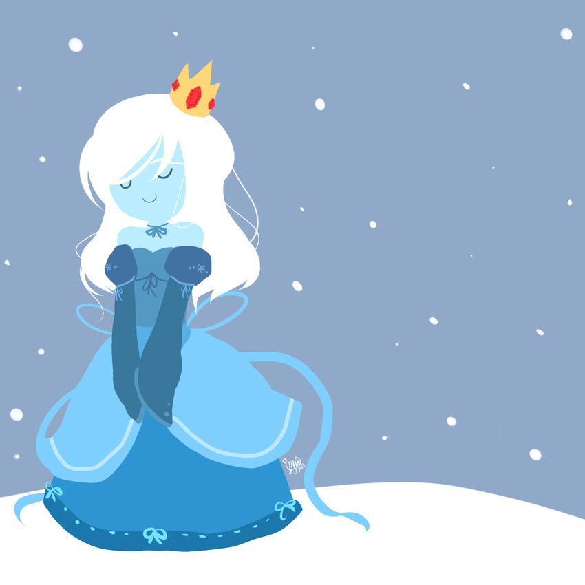 1girl adventure_time blue_skin crown dress ice_queen snow white_hair yhin