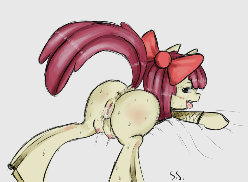 apple_bloom_(mlp) blush bow butt equine female feral friendship_is_magic hair horse looking_back lying mammal my_little_pony on_front open_mouth pony pussy red_hair signature solo sweat teats unknown_artist