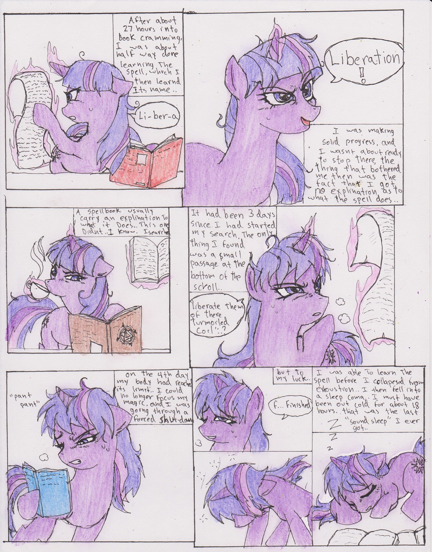 book chaostone choastone comic cutie_mark dialog english_text equine eyes_closed female feral friendship_is_magic fur glowing hair horn horse long_hair looking_back magic mammal multi-colored_hair my_little_pony one_eye_closed open_mouth plain_background pony purple_eyes purple_hair sleeping solo text twilight_sparkle_(mlp) unicorn