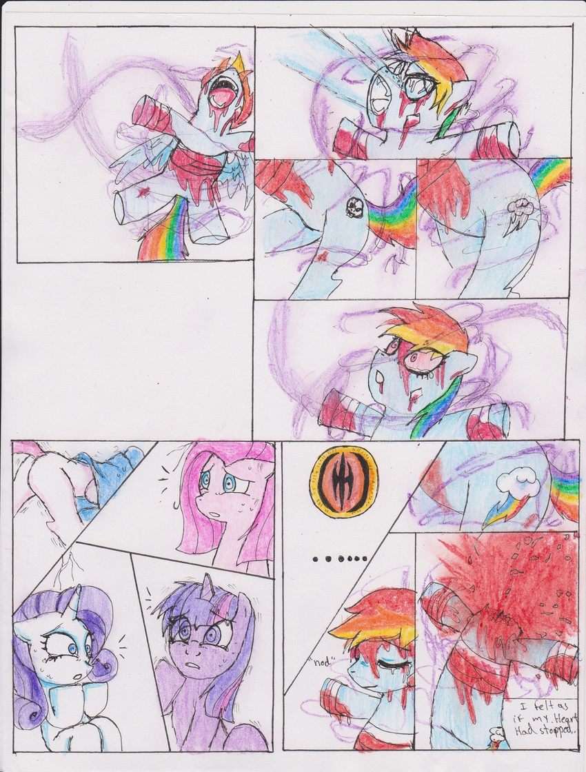 blue_fur chaostone comic cracks creepy cutie_mark decapitation dialog english_text equine eye eyes_closed fangs female feral friendship_is_magic fur gore hair headless hiding horn horse inside long_hair looking_at_viewer magic mammal multi-colored_hair my_little_pony open_mouth pegasus pink_fur pink_hair pinkamena_(mlp) pinkie_pie_(mlp) plain_background pony purple_eyes purple_fur purple_hair rainbow_dash_(mlp) rainbow_hair rarity_(mlp) red_eyes royalty smile sweat sweetie_belle_(mlp) tears teeth text tongue twilight_sparkle_(mlp) undead unicorn white_fur wings zombie