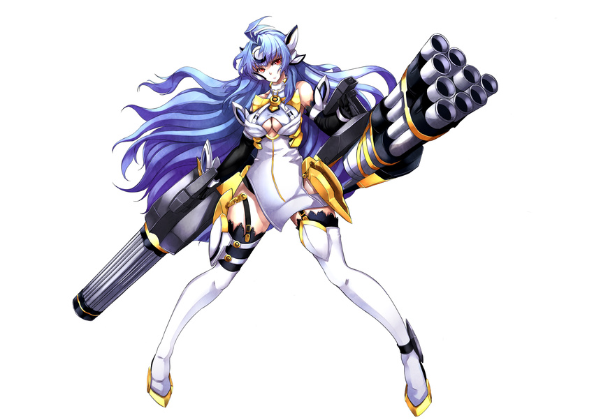 absurdres asya bare_shoulders blue_hair boots breasts cleavage_cutout dual_wielding full_body gatling_gun gun headgear highres holding huge_weapon kos-mos kos-mos_ver._4 long_hair medium_breasts red_eyes simple_background solo thigh_boots thighhighs weapon white_background white_legwear xenosaga