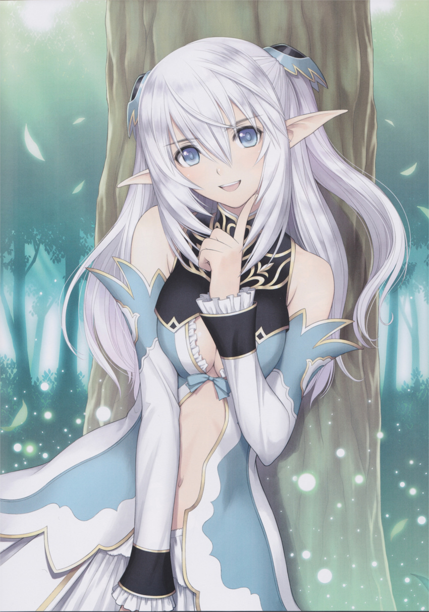 :d absurdres altina_(shining_blade) bare_shoulders blue_eyes breasts center_opening cleavage detached_sleeves elf highres long_hair medium_breasts navel open_mouth pointy_ears scan shining_(series) shining_blade shining_world silver_hair skirt smile solo tanaka_takayuki tree two_side_up