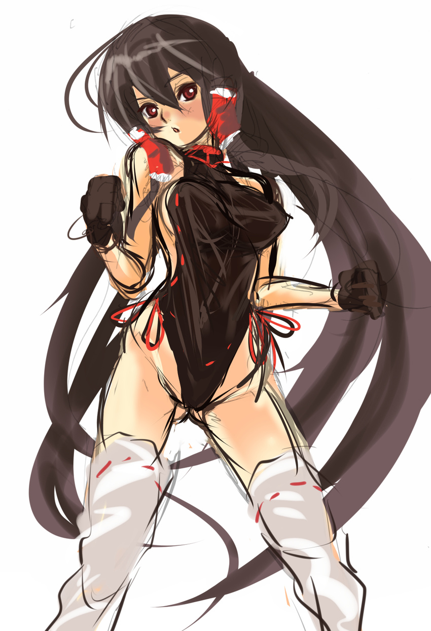 bad_id bad_pixiv_id black_gloves black_hair breasts clenched_hands gloves hair_tubes halterneck hey_taishou highres leotard long_hair m.u.g.e.n medium_breasts original red_eyes sendai_hakurei_no_miko sideboob thighhighs thong_leotard touhou very_long_hair white_legwear