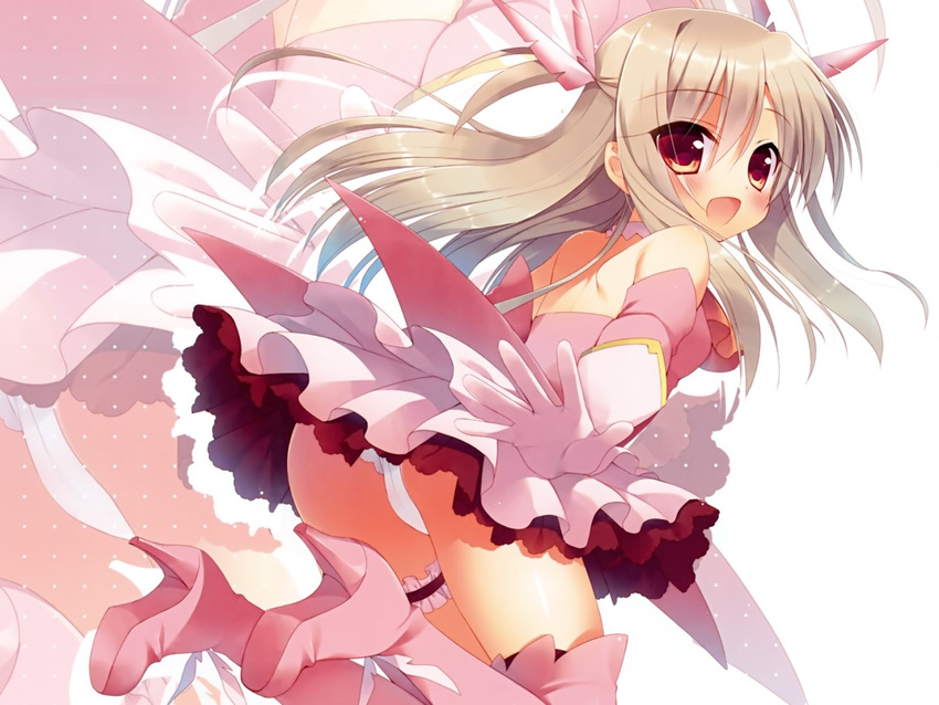 boots brown_hair fate/kaleid_liner_prisma_illya fate_(series) high_heel_boots high_heels illyasviel_von_einzbern long_hair panties prisma_illya red_eyes thigh_boots thighhighs underwear