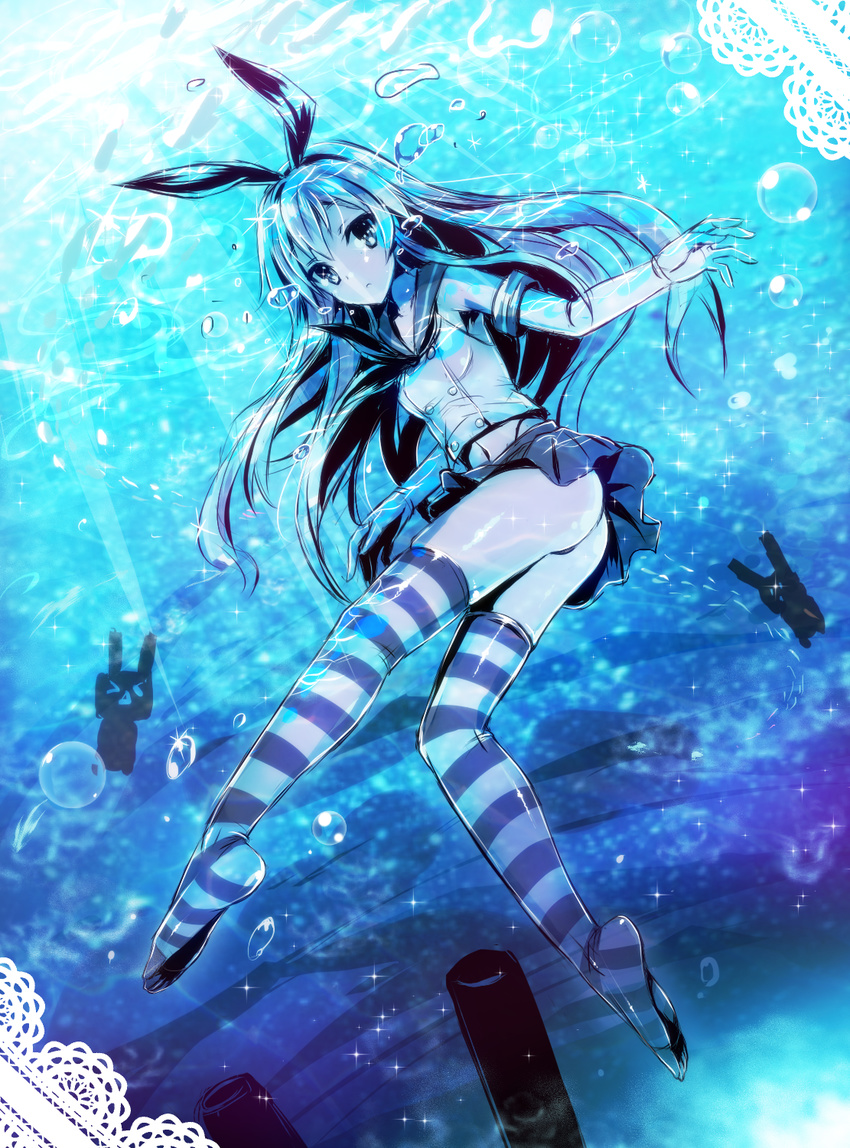 akaza bubble crop_top crop_top_overhang elbow_gloves feet gloves highres kantai_collection long_hair looking_at_viewer md5_mismatch midriff navel rensouhou-chan shimakaze_(kantai_collection) skirt socks soles sparkle striped striped_legwear thighhighs toes underwater wet wet_clothes