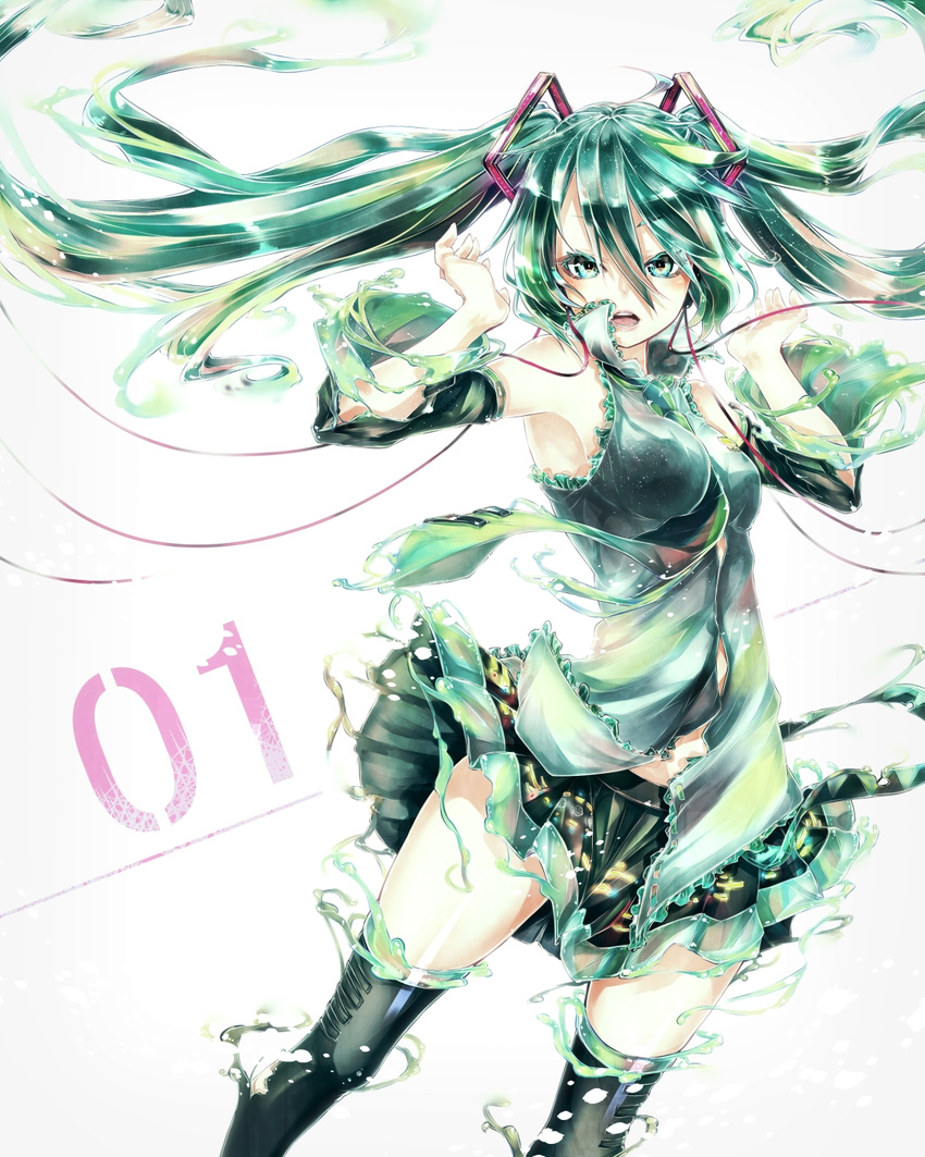 aqua_eyes aqua_hair armpits bad_id bad_pixiv_id detached_sleeves green_eyes green_hair hair_ribbon hatsune_miku highres liquid_clothes long_hair necktie open_mouth ribbon skirt solo thighhighs twintails very_long_hair vocaloid yokiri