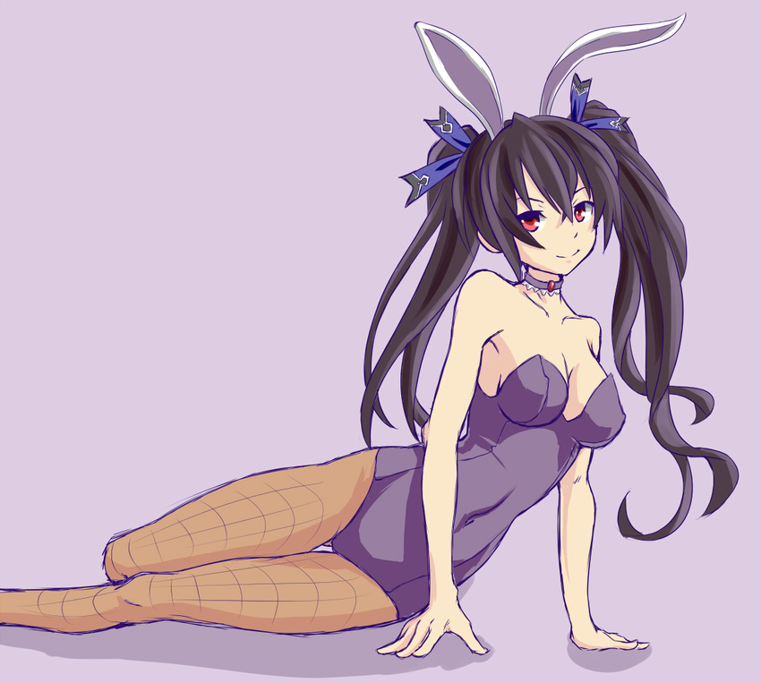 animal_ears black_hair breasts bunny_ears bunnysuit choker fishnet_pantyhose fishnets grundy hair_ribbon long_hair lying medium_breasts neptune_(series) noire on_side pantyhose red_eyes ribbon simple_background smile solo twintails