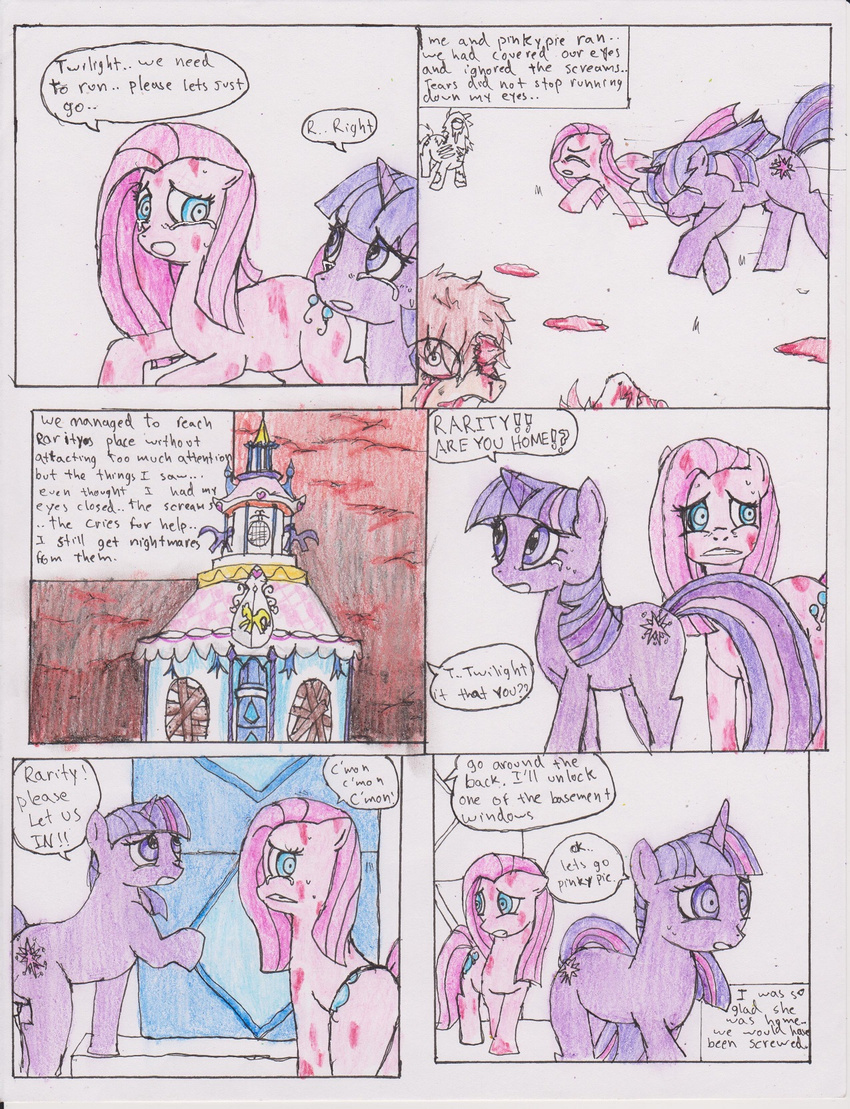 blue_eyes building chaostone choastone comic crying cutie_mark dialog door english_text equine eyes_closed female feral friendship_is_magic fur gore hair horn horse long_hair looking_at_viewer looking_back mammal multi-colored_hair my_little_pony open_mouth outside pink_fur pink_hair pinkamena_(mlp) pinkie_pie_(mlp) plain_background pony purple_eyes purple_fur purple_hair sky tears teeth text tongue twilight_sparkle_(mlp) undead unicorn zombie