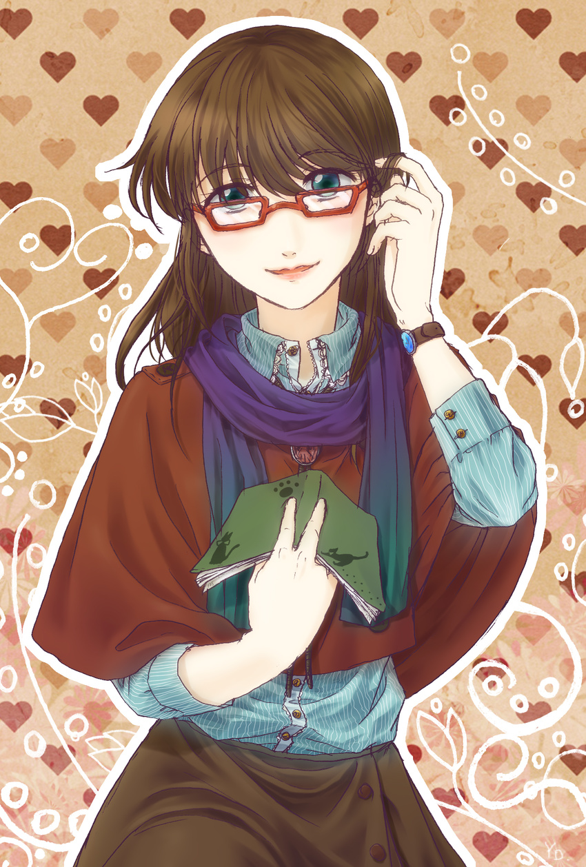 book brown_hair capelet glasses green_eyes heart heart_background highres lips long_hair original scarf skirt smile solo