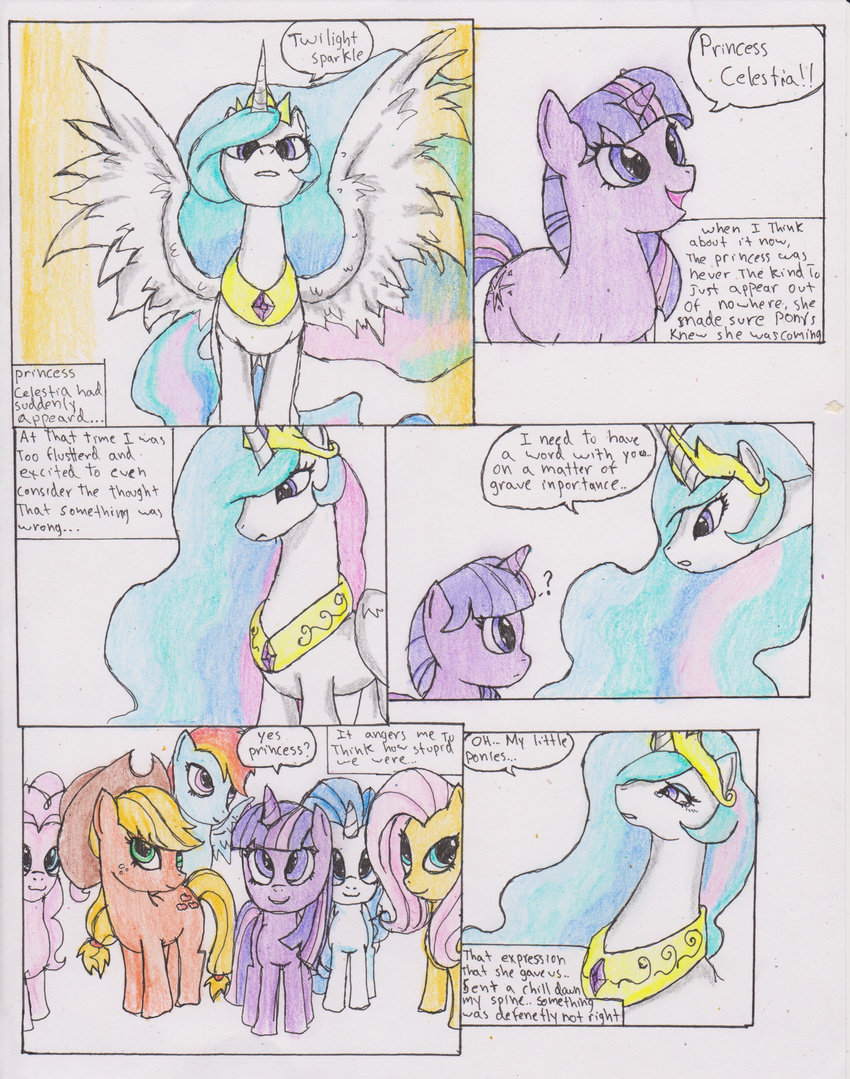 applejack_(mlp) blue_eyes blue_fur chaostone choastone comic crown cutie_mark dialog english_text equine female feral fluttershy_(mlp) friendship_is_magic fur hair horn horse long_hair looking_at_viewer mammal multi-colored_hair my_little_pony open_mouth pegasus pink_fur pink_hair pinkie_pie_(mlp) plain_background pony princess princess_celestia_(mlp) purple_eyes purple_hair rainbow_dash_(mlp) rainbow_hair rarity_(mlp) royalty smile tears text twilight_sparkle_(mlp) unicorn white_fur winged_unicorn wings yellow_fur