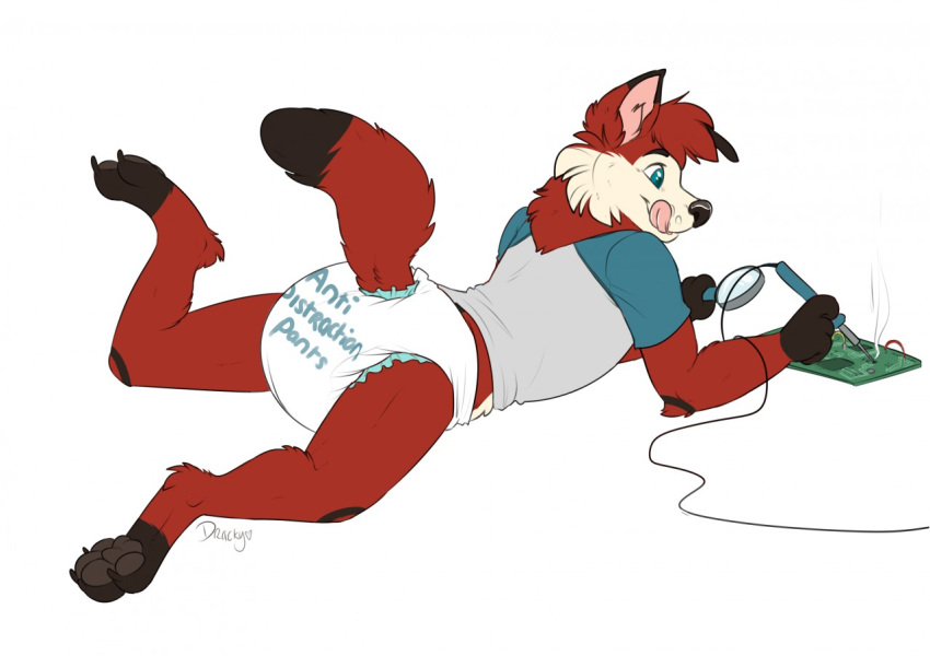 anthro biped canine clothed clothing diaper digitigrade dracky fox mammal pawpads signature simple_background soldering tongue tongue_out white_background