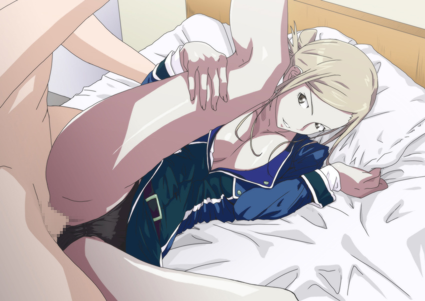 1girl awashima_seri bed black_eyes blonde_hair breasts censored cleavage clothed_sex highres k_(anime) kyabakurabakufu large_breasts leg_up legs looking_down lying military military_uniform panties panties_aside penis pillow pussy sex smile spooning thighs underwear uniform vaginal