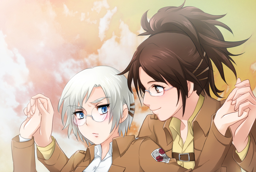 blue_eyes blush brown_hair emblem garrison_regiment_(emblem) glasses goggles hange_zoe holding_hands jacket kiraki multiple_girls paradis_military_uniform ponytail rico_brzenska shingeki_no_kyojin short_hair silver_hair uniform