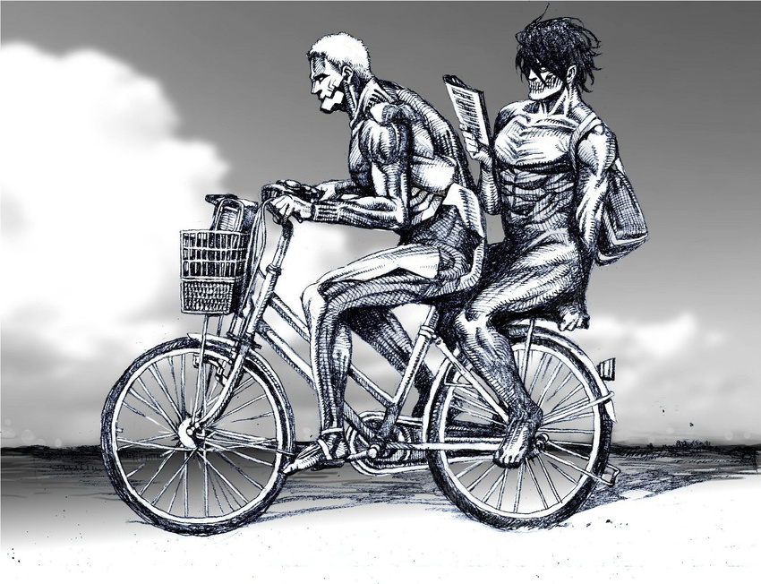 armored_titan backpack bag basket bicycle bicycle_basket black_hair graphite_(medium) greyscale ground_vehicle male_focus monochrome multiple_boys multiple_riders no_skin nobita reading riding rogue_titan shingeki_no_kyojin titan_(shingeki_no_kyojin) traditional_media what