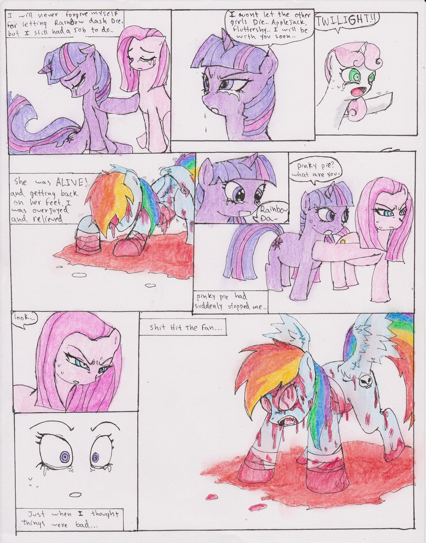 blue_fur chaostone choastone comic crying cub cutie_mark dialog english_text equine female feral friendship_is_magic fur hair horn horse inside long_hair looking_at_viewer mammal multi-colored_hair my_little_pony open_mouth pink_fur pink_hair pinkamena_(mlp) pinkie_pie_(mlp) plain_background pony purple_eyes purple_fur purple_hair rainbow_dash_(mlp) rainbow_hair red_eyes shocked sweetie_belle_(mlp) tears text tongue twilight_sparkle_(mlp) two_tone_hair undead unicorn white_fur wings young zombie