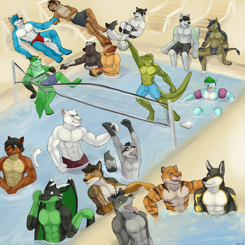 abs absurd_res alligator anthro armadillo biceps black_dragon canine cannonball clef clefwolf croc_(crocdragon89) dog dragon feline gay grin hand_holding hi_res husky interspecies lounge_chair lying male mammal mike_(artist) muscles nipples on_back pecs pool raccoon reptile scalie smile standing surprise tiger topless volleyball water wolf