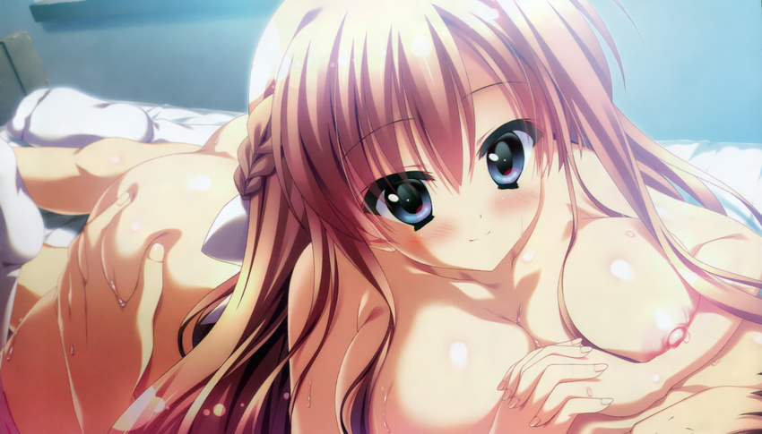 1girl ass ass_grab blue_eyes blush braid breasts brown_hair girl_on_top half_updo highres large_breasts light_smile long_hair nipples no_shoes nude pov unahara_yuki white_legwear yuzuna_hiyo