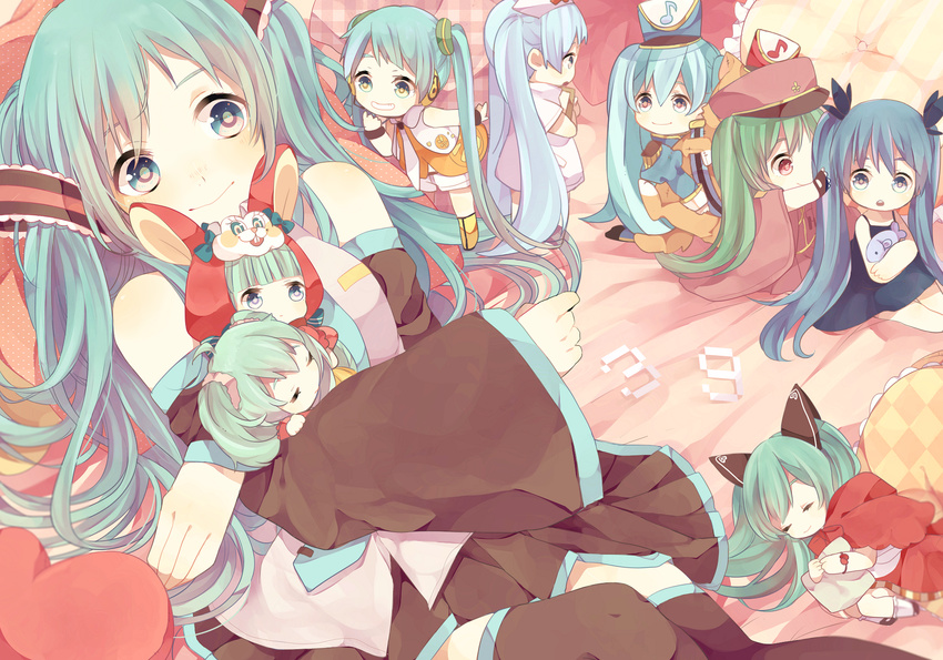 aqua_eyes aqua_hair bad_end_night_(vocaloid) bad_id bad_pixiv_id blue_hair doremifa_rondo_(vocaloid) gloves hat hatsune_miku highres hug koiiro_byoutou_(vocaloid) long_hair lots_of_laugh_(vocaloid) minigirl moocho multiple_girls multiple_persona project_diva_(series) project_diva_2nd red_eyes senbon-zakura_(vocaloid) sleeping smile twintails vocaloid yellow_(vocaloid)