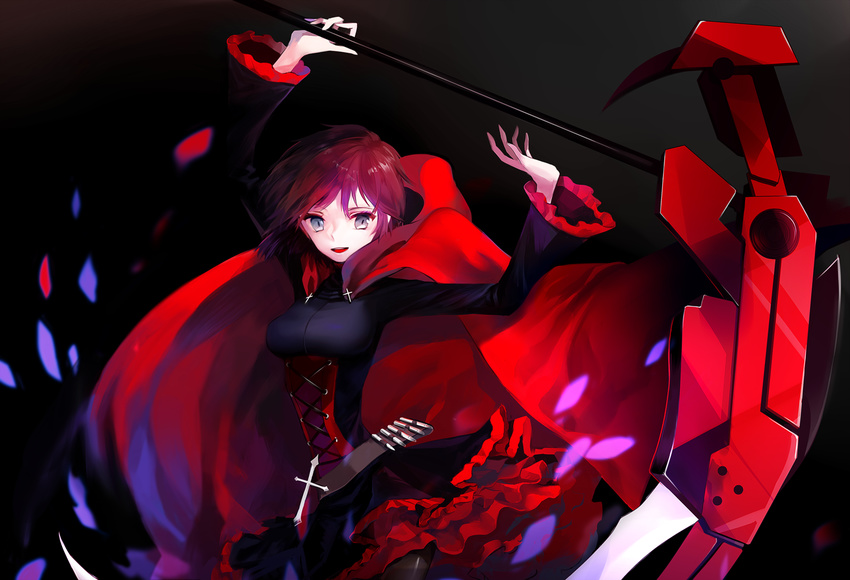 bad_id bad_pixiv_id black_background black_eyes cape crescent_rose cross dress mo_(mocopo) open_mouth pantyhose red_hair ruby_rose rwby scythe short_hair skirt solo weapon