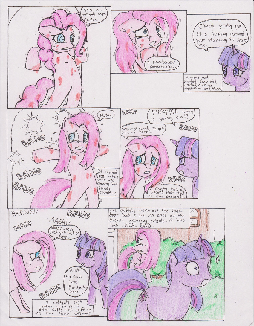 blue_eyes chaostone choastone comic crying cutie_mark dialog door duo english_text equine female feral friendship_is_magic fur hair horn horse long_hair looking_back mammal multi-colored_hair my_little_pony open_mouth outside pink_fur pink_hair pinkamena_(mlp) pinkie_pie_(mlp) plain_background pony purple_eyes purple_fur purple_hair shocked tears teeth text tongue twilight_sparkle_(mlp) unicorn