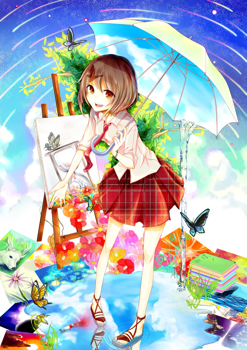 absurdres book brown_eyes brown_hair bug butterfly canvas_(object) easel highres insect necktie original reanisu_lunashi ripples sandals shirt short_hair skirt smile solo toenail_polish umbrella water