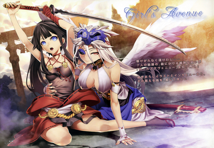 2girls absurdres arm_around_waist arm_support armpits arms_up bare_shoulders black_hair blue_eyes breasts eyepatch halterneck hanging_breasts highres huge_filesize incredibly_absurdres katana kunieda long_hair multiple_girls open_mouth original red_eyes scan silver_hair sitting smile sword torii weapon wings