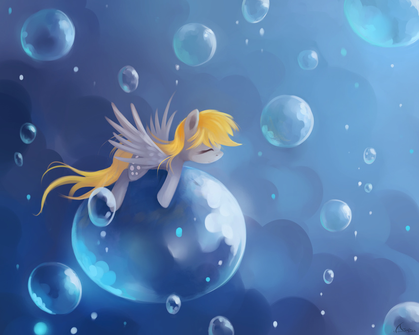 blonde_hair bubble bubbles cutie_mark derpy_hooves_(mlp) equine eyes_closed female feral friendship_is_magic fur grey_fur hair hi_res horse long_hair lying mammal my_little_pony on_stomach pegasus pony solo wings