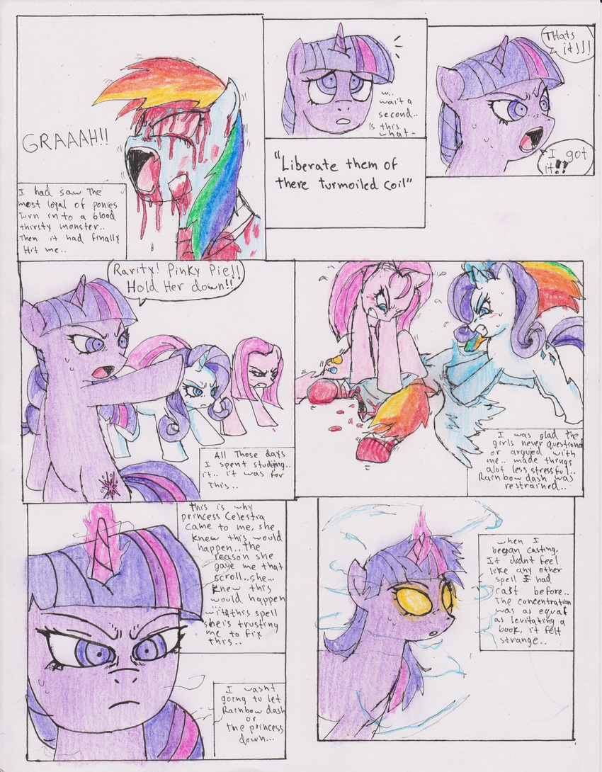 blood blue_eyes blue_fur blush chaostone choastone comic creepy crying cutie_mark dialog english_text equine fangs female feral friendship_is_magic fur glowing glowing_eyes hair horn horse inside long_hair looking_at_viewer magic mammal multi-colored_hair my_little_pony open_mouth pink_fur pink_hair pinkamena_(mlp) pinkie_pie_(mlp) plain_background pony purple_eyes purple_fur purple_hair rainbow_dash_(mlp) rainbow_hair rarity_(mlp) red_eyes tears teeth text tongue twilight_sparkle_(mlp) undead unicorn white_fur wings wrap zombie