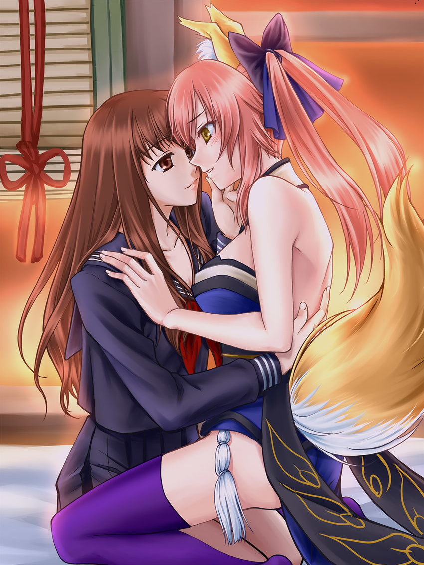 animal_ears bare_shoulders black_serafuku bow brown_eyes brown_hair eye_contact fate/extra fate/extra_ccc fate_(series) fervent_idiot fox_ears fox_tail hair_bow highres imminent_kiss japanese_clothes kishinami_hakuno_(female) long_hair looking_at_another multiple_girls pink_hair purple_legwear school_uniform serafuku sitting straddling tail tamamo_(fate)_(all) tamamo_no_mae_(fate) thighhighs tsukumihara_academy_uniform_(fate/extra_ccc) yellow_eyes yuri