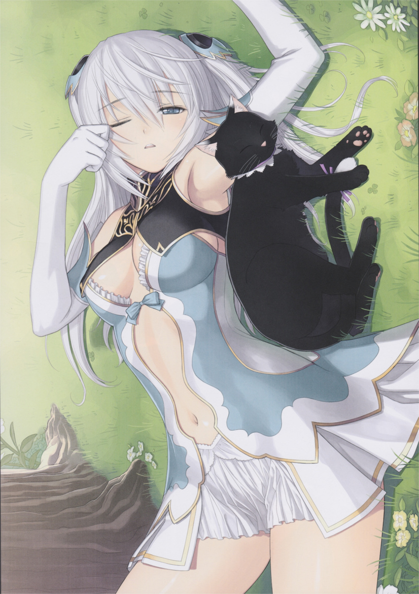 absurdres altina_(shining_blade) animal arm_up armpits belly blue_eyes blush breasts cat cleavage elbow_gloves elf gloves hair_ornament highres long_hair lying medium_breasts navel open_mouth pointy_ears scan shining_(series) shining_blade shining_world silver_hair tanaka_takayuki twintails waking_up white_gloves