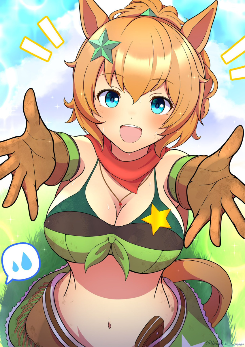1girl animal_ears armband bandana bandeau bare_shoulders blue_eyes blush breasts brown_gloves brown_hair cleavage colt_single_action_army cowboy_hat gloves green_armband green_bandeau green_skirt gun hair_ornament hat hat_on_back highres holstered horse_ears horse_girl horse_tail houton_tamago hugging_viewer large_breasts long_hair looking_at_viewer midriff navel open_mouth outstretched_arms ponytail reaching reaching_towards_viewer red_bandana revolver sheriff_badge skirt smile solo spoken_sweatdrop star_(symbol) star_hair_ornament sweatdrop taiki_shuttle_(umamusume) taiki_shuttle_(wild_frontier)_(umamusume) tail umamusume weapon