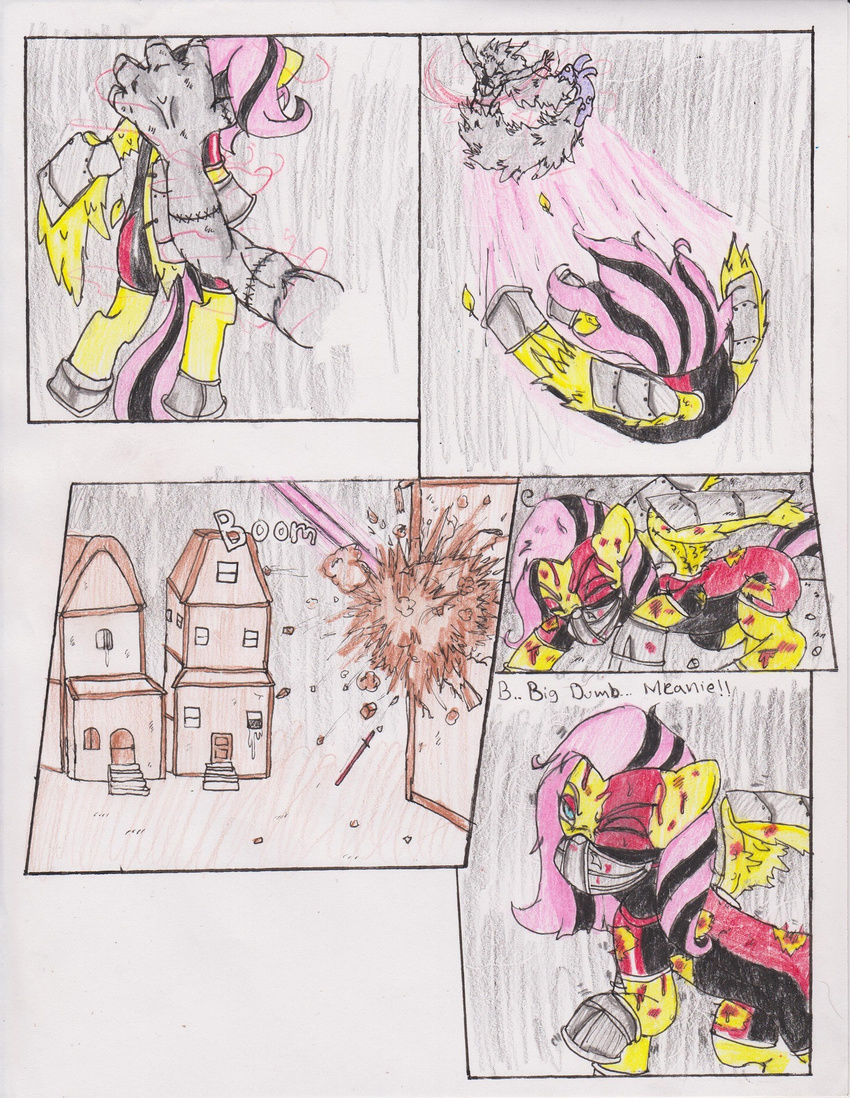 black_hair blood blue_eyes building chaostone choastone clothing comic dialog duo english_text equine eyes_closed faceless female feral fluttershy_(mlp) friendship_is_magic fur hair horse long_hair mammal mask my_little_pony outside pegasus pink_hair pony sword text thrown torn_clothing two_tone_hair weapon window wings yellow_fur