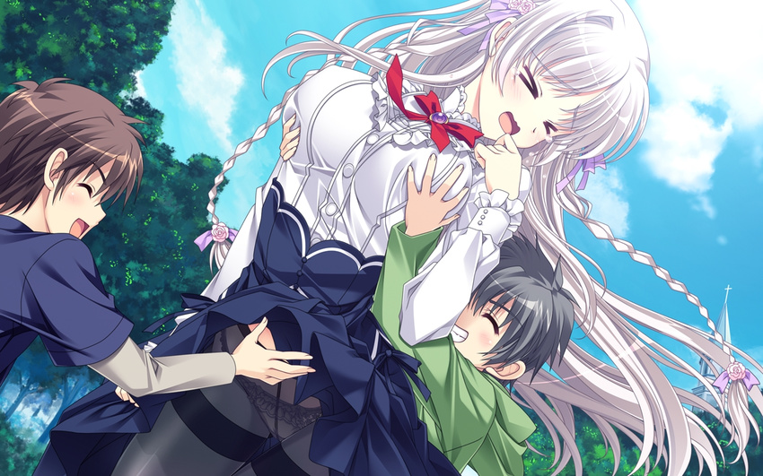 &gt;_&lt; 1girl 2boys ankoromochi blush bow breast_grab brown_hair eyes_closed game_cg grabbing long_hair multiple_boys pantyhose school_uniform seifuku shitsuji_ga_aruji_wo_erabu_toki short_hair skirt skirt_lift tree underwear upskirt veronica_rubenstadt white_hair