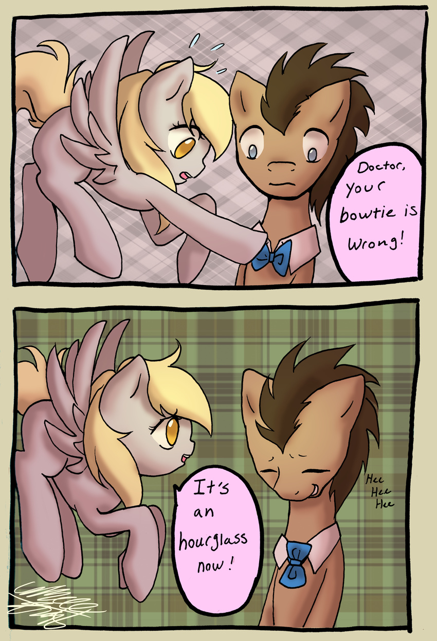 amber_eyes blonde_hair blue_eyes bow_tie brown_hair clothing comic cute derpy_hooves_(mlp) dialog doctor_whooves_(mlp) duo english_text equine eyes_closed female feral flying flying_sweatdrops friendship_is_magic fur grey_fur hair hi_res horse long_hair male mammal midnameowfries my_little_pony open_mouth pegasus plaid pony smile text tongue wings yellow_eyes
