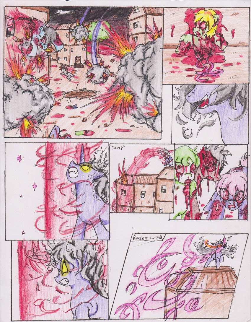 blonde_hair blood chaostone choastone comic dialog english_text equine explosion female feral fire friendship_is_magic frown fur glowing glowing_eyes gore group guts hair horn horse long_hair looking_at_viewer mammal my_little_pony open_mouth plain_background pony purple_fur red_eyes smile teeth text tongue twilight_sparkle_(mlp) unicorn