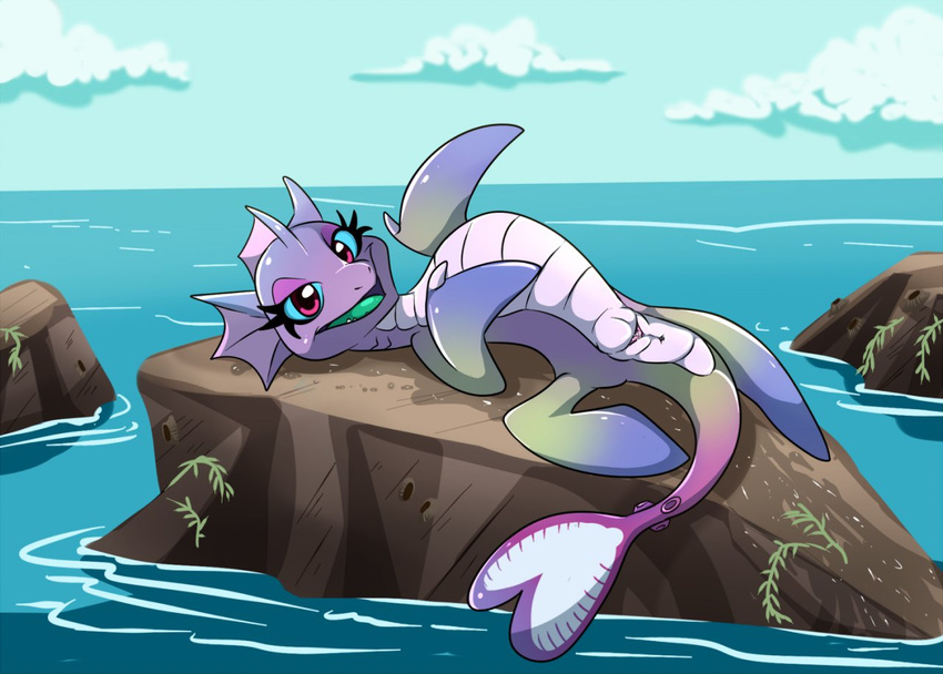 female feral iridescent lonbluewolf looking_at_viewer lying marine on_back pussy pussy_juice sea sea_dragon solo unknown_species water wet wet_pussy